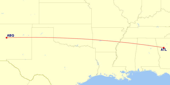 Map of flight route between ABQ and ATL, created by Paul Bogard’s Flight Historian