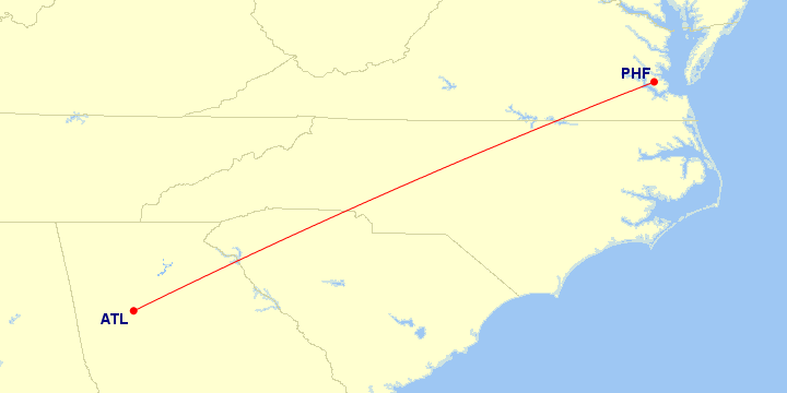 Map of flight route between ATL and PHF, created by Paul Bogard’s Flight Historian