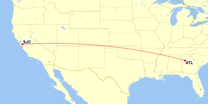 Map of flight route between SJC and ATL, created by Paul Bogard’s Flight Historian