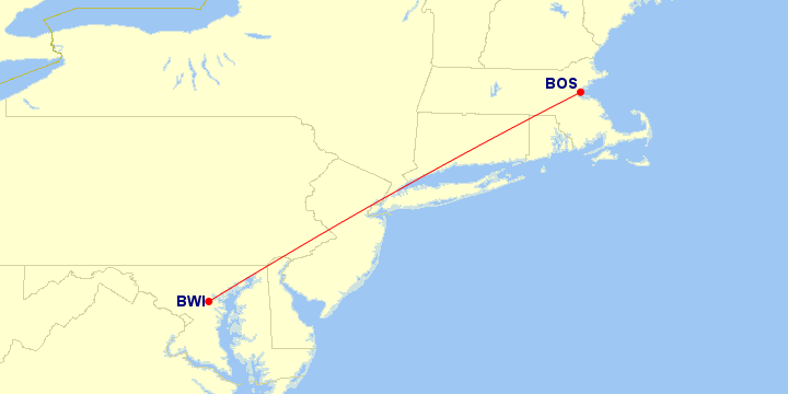 Map of flight route between BOS and BWI, created by Paul Bogard’s Flight Historian