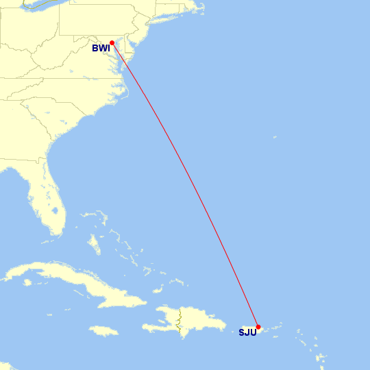 Map of flight route between BWI and SJU, created by Paul Bogard’s Flight Historian