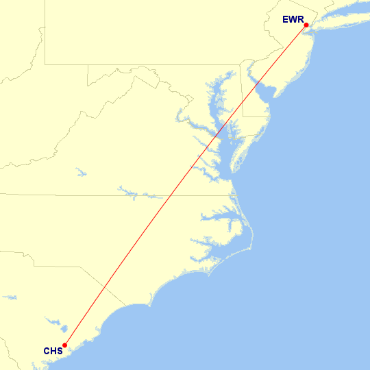 Map of flight route between CHS and EWR, created by Paul Bogard’s Flight Historian
