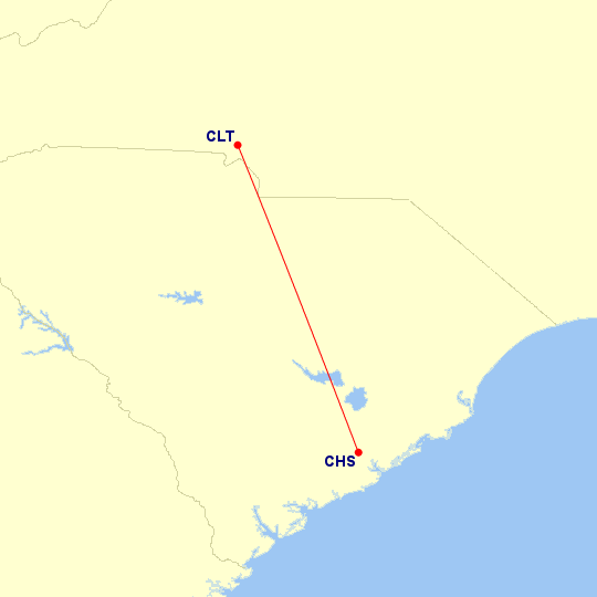 Map of flight route between CHS and CLT, created by Paul Bogard’s Flight Historian