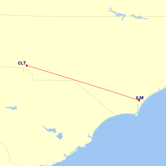 Map of flight route between ILM and CLT, created by Paul Bogard’s Flight Historian