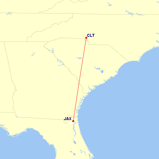 Map of flight route between CLT and JAX, created by Paul Bogard’s Flight Historian