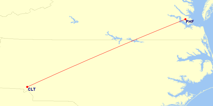 Map of flight route between PHF and CLT, created by Paul Bogard’s Flight Historian