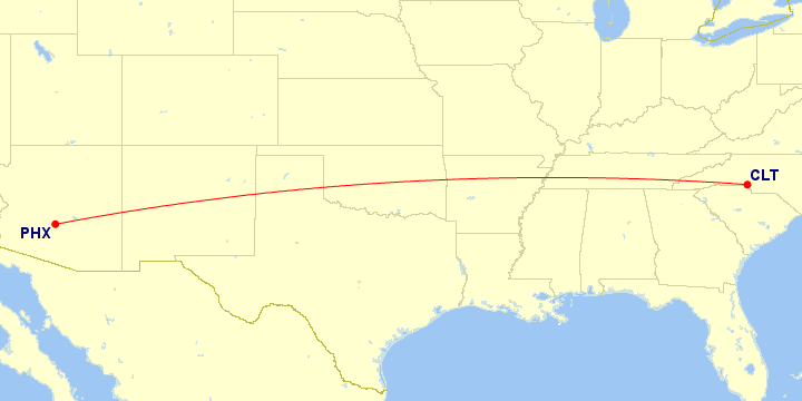 Map of flight route between PHX and CLT, created by Paul Bogard’s Flight Historian