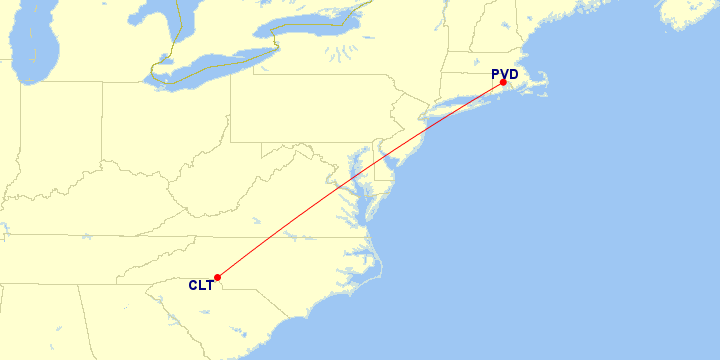 Map of flight route between PVD and CLT, created by Paul Bogard’s Flight Historian