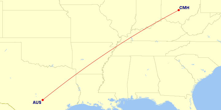 Map of flight route between CMH and AUS, created by Paul Bogard’s Flight Historian