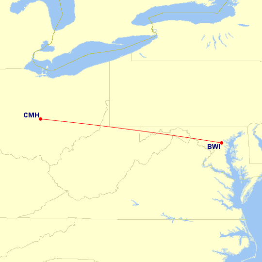 Map of flight route between BWI and CMH, created by Paul Bogard’s Flight Historian