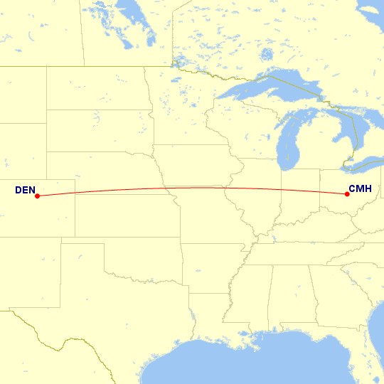 Map of flight route between DEN and CMH, created by Paul Bogard’s Flight Historian