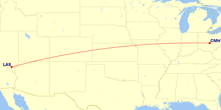 Map of flight route between LAS and CMH, created by Paul Bogard’s Flight Historian