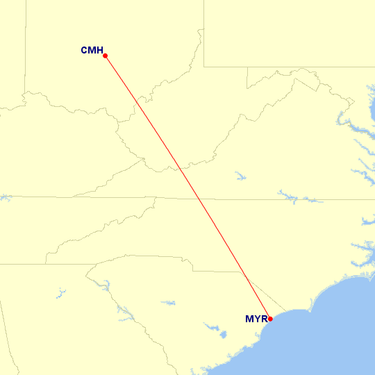 Map of flight route between MYR and CMH, created by Paul Bogard’s Flight Historian