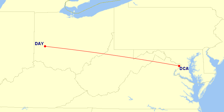 Map of flight route between DAY and DCA, created by Paul Bogard’s Flight Historian