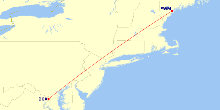 Map of flight route between PWM and DCA, created by Paul Bogard’s Flight Historian