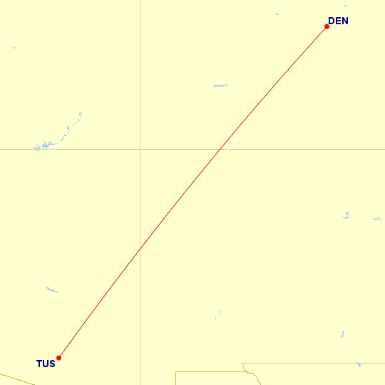 Map of flight route between DEN and TUS, created by Paul Bogard’s Flight Historian