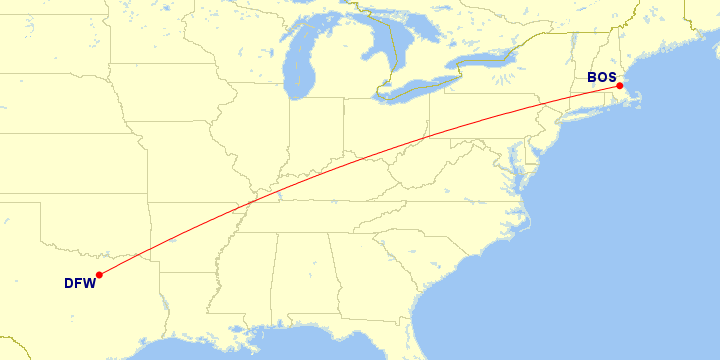 Map of flight route between DFW and BOS, created by Paul Bogard’s Flight Historian