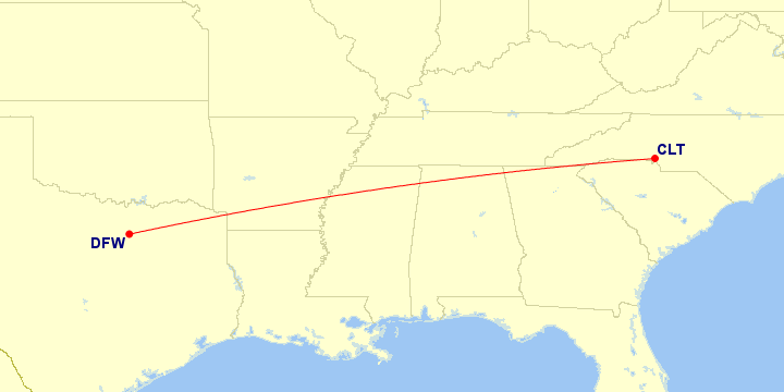 Map of flight route between DFW and CLT, created by Paul Bogard’s Flight Historian