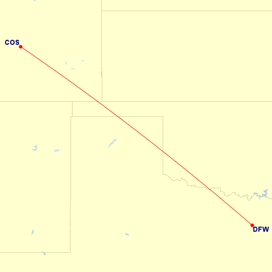 Map of flight route between COS and DFW, created by Paul Bogard’s Flight Historian