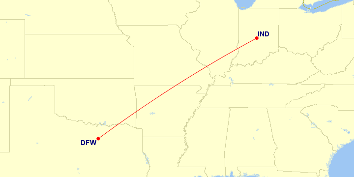 Map of flight route between DFW and IND, created by Paul Bogard’s Flight Historian