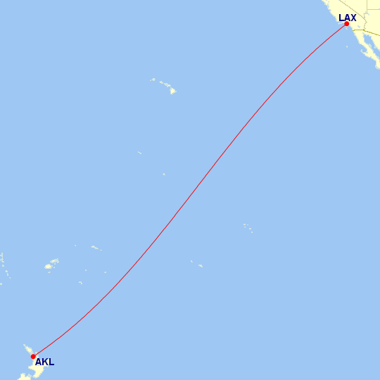 Map of flight route between AKL and LAX, created by Paul Bogard’s Flight Historian