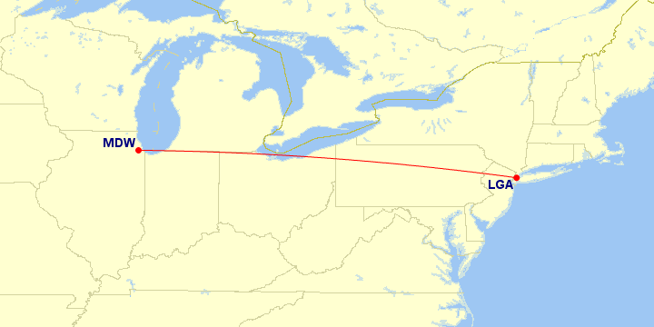 Map of flight route between MDW and LGA, created by Paul Bogard’s Flight Historian