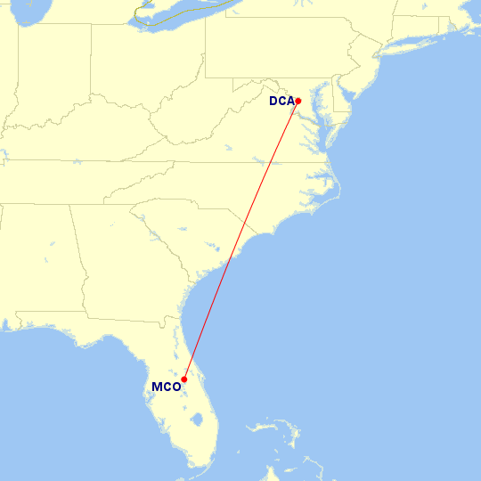 Map of flight route between MCO and DCA, created by Paul Bogard’s Flight Historian