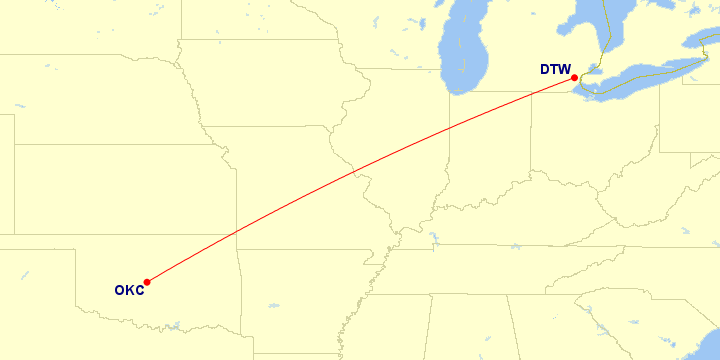 Map of flight route between DTW and OKC, created by Paul Bogard’s Flight Historian