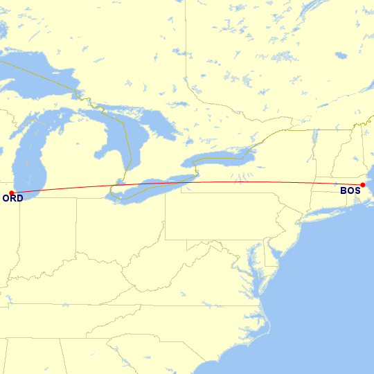 Map of flight route between ORD and BOS, created by Paul Bogard’s Flight Historian