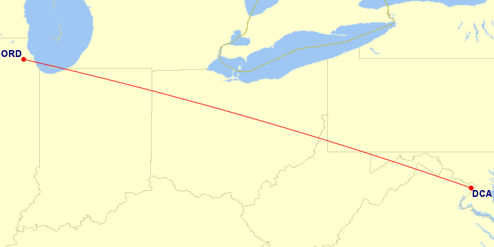 Map of flight route between DCA and ORD, created by Paul Bogard’s Flight Historian