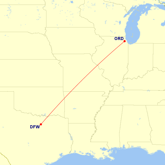 Map of flight route between ORD and DFW, created by Paul Bogard’s Flight Historian
