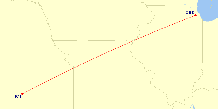 Map of flight route between ICT and ORD, created by Paul Bogard’s Flight Historian