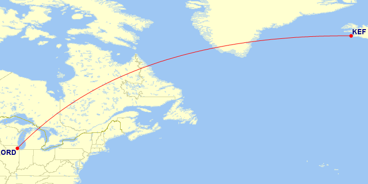 Map of flight route between KEF and ORD, created by Paul Bogard’s Flight Historian