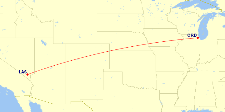 Map of flight route between LAS and ORD, created by Paul Bogard’s Flight Historian