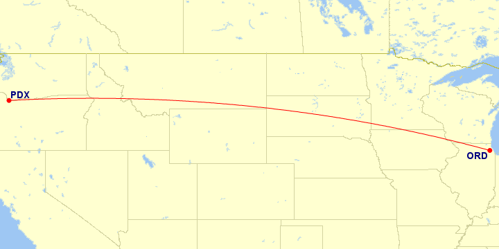 Map of flight route between PDX and ORD, created by Paul Bogard’s Flight Historian