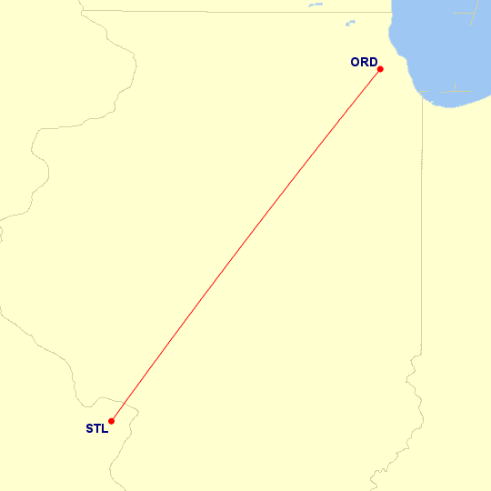 Map of flight route between ORD and STL, created by Paul Bogard’s Flight Historian