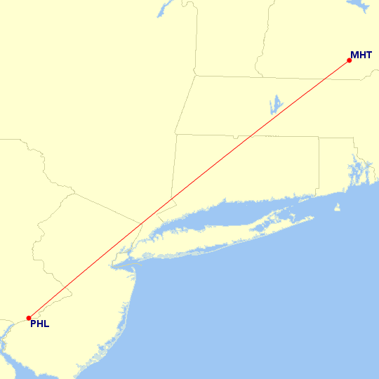 Map of flight route between MHT and PHL, created by Paul Bogard’s Flight Historian