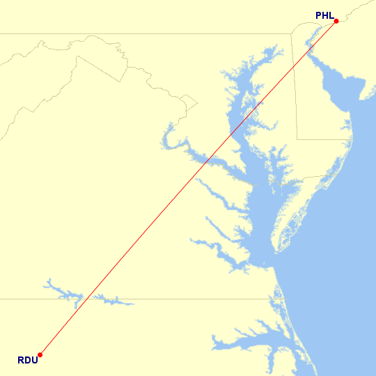 Map of flight route between PHL and RDU, created by Paul Bogard’s Flight Historian