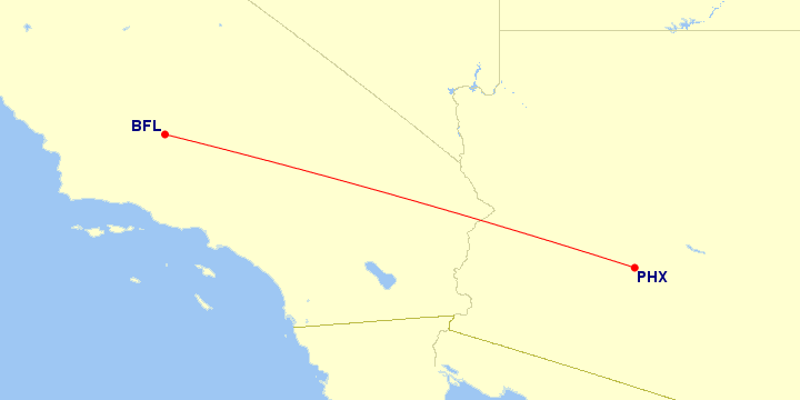 Map of flight route between BFL and PHX, created by Paul Bogard’s Flight Historian