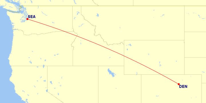 Map of flight route between DEN and SEA, created by Paul Bogard’s Flight Historian