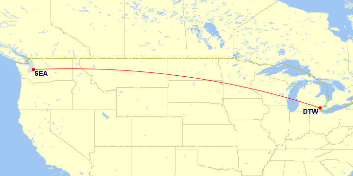 Map of flight route between SEA and DTW, created by Paul Bogard’s Flight Historian