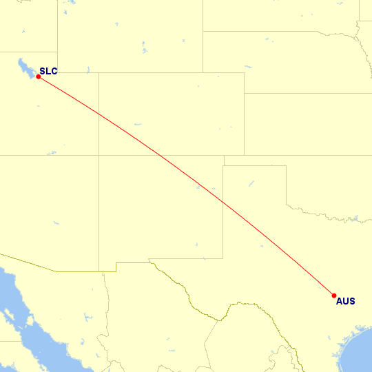 Map of flight route between AUS and SLC, created by Paul Bogard’s Flight Historian