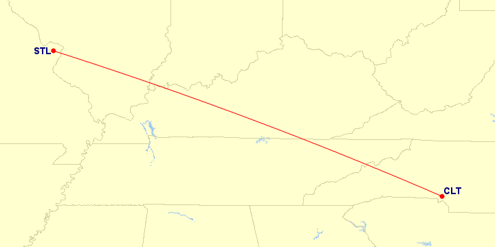 Map of flight route between CLT and STL, created by Paul Bogard’s Flight Historian