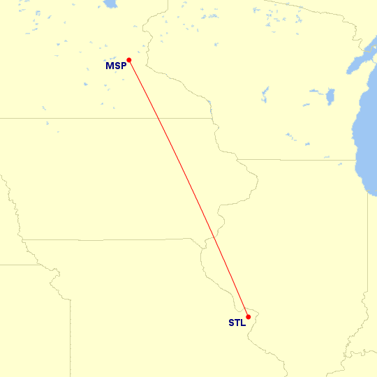 Map of flight route between STL and MSP, created by Paul Bogard’s Flight Historian