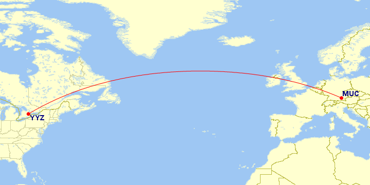 Map of flight route between YYZ and MUC, created by Paul Bogard’s Flight Historian