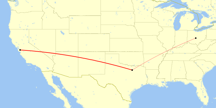 Map of flight routes with some routes emphasized, created by Paul Bogard’s Flight Historian