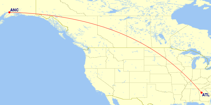 Map of flight route between ATL and ANC, created by Paul Bogard’s Flight Historian