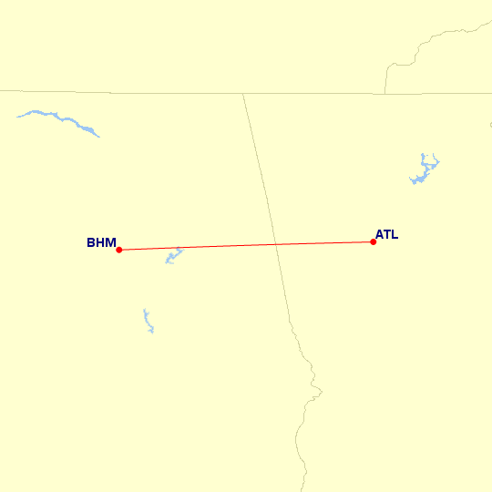 Map of flight route between BHM and ATL, created by Paul Bogard’s Flight Historian