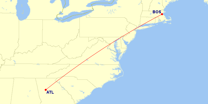 Map of flight route between ATL and BOS, created by Paul Bogard’s Flight Historian