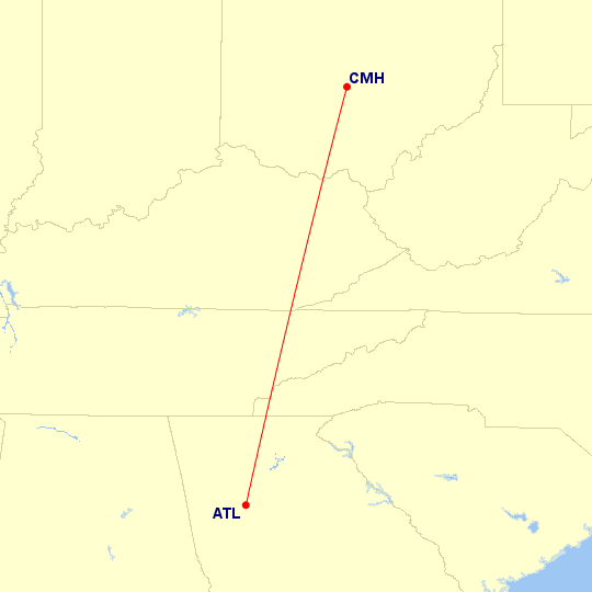 Map of flight route between CMH and ATL, created by Paul Bogard’s Flight Historian